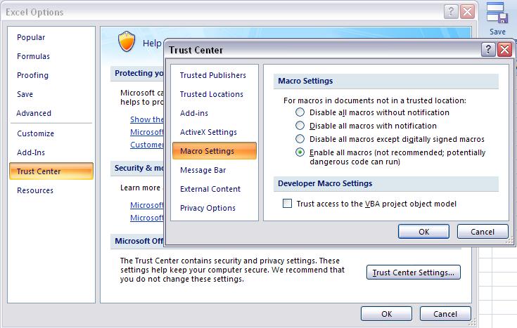 Excel Options > Trust Centre > Macro Settings